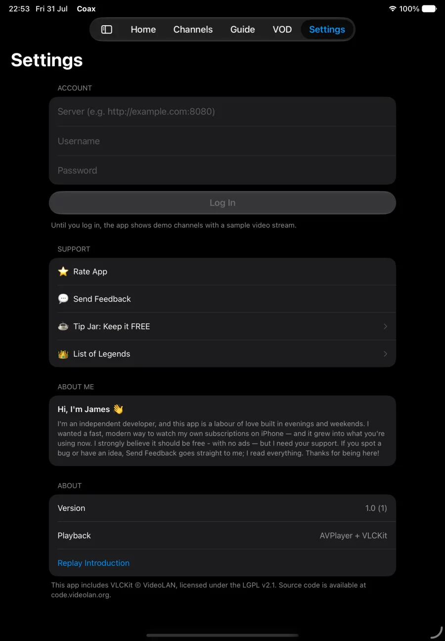 Coax settings and login on iPad